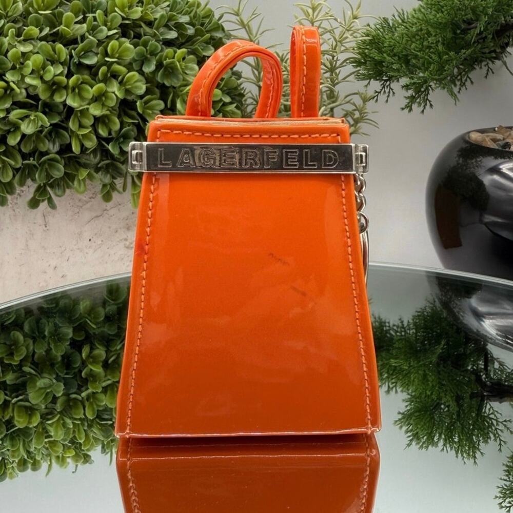 Vintage KARL LAGERFELD Logo Orange Patent Coin Purse Bag Charm Key Chain Charm